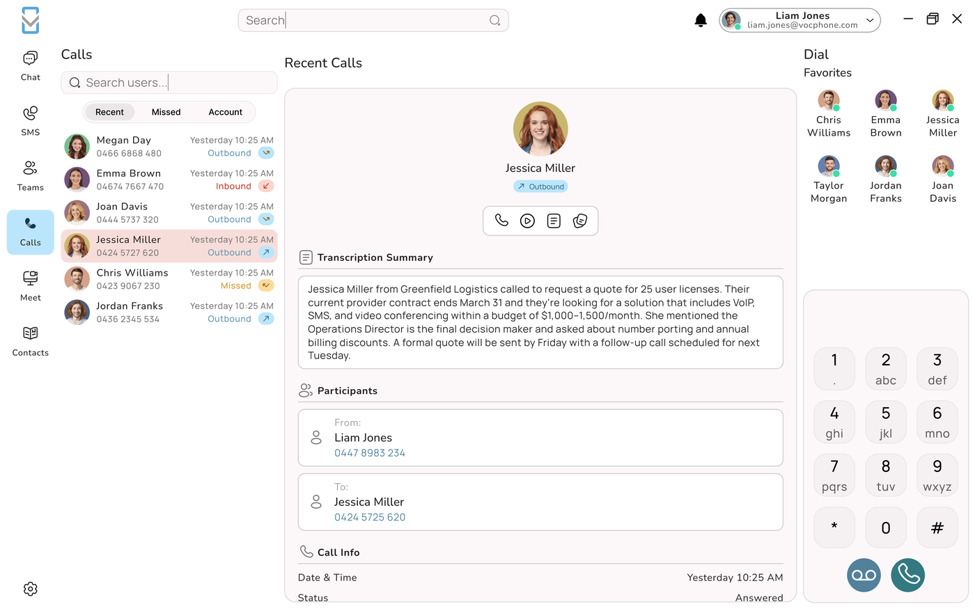 VOCPhone desktop calls view