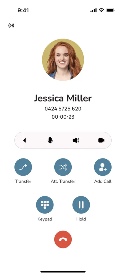 VOCPhone mobile app during a call, with transfer and hold