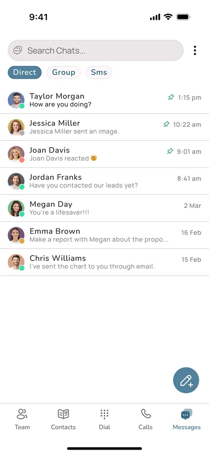 VOCPhone mobile app messages list