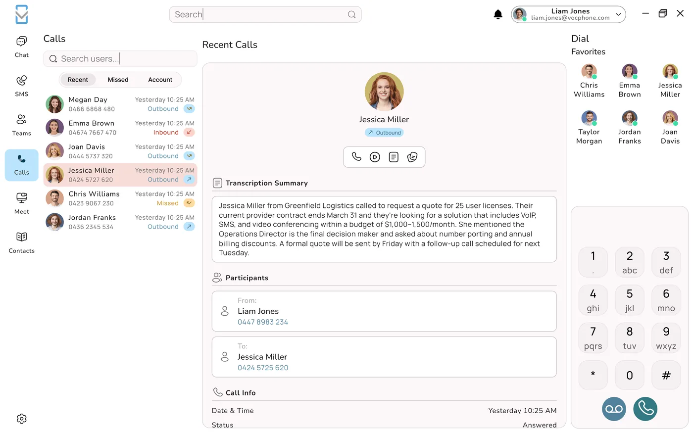VOCPhone PC app showing recent calls with an AI transcription summary