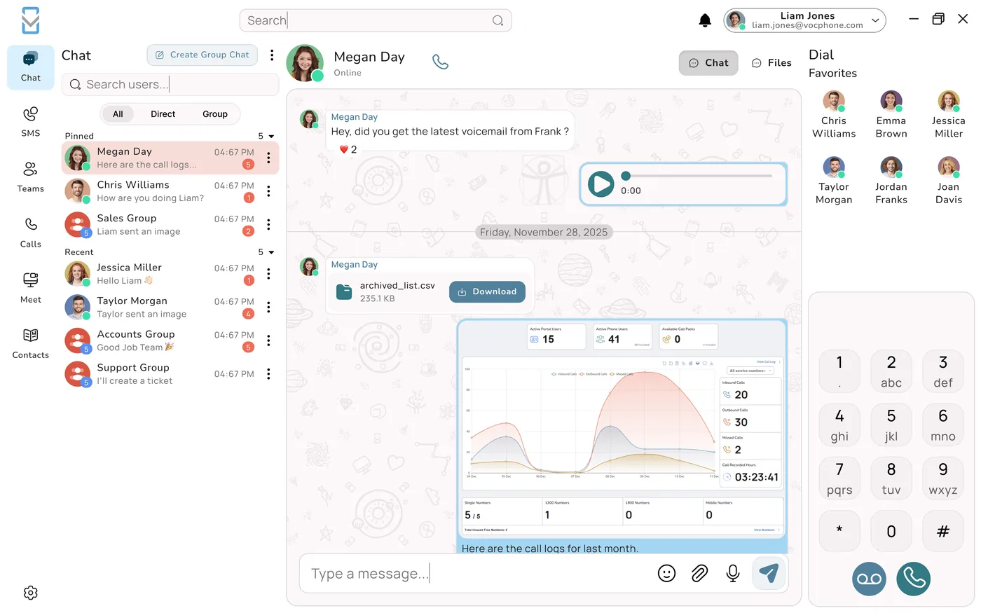 VOCPhone PC app team chat with a voice note and a shared file