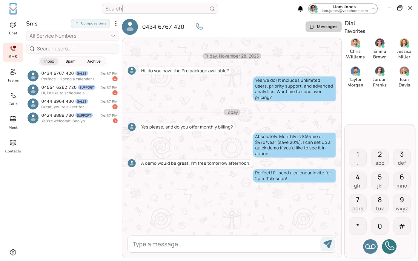 VOCPhone PC app business SMS conversation